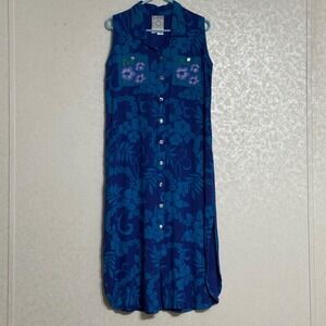 Surya Blue Purple Hawaiian Beaded Floral Maxi Dress Sleeveless Button Down M / L